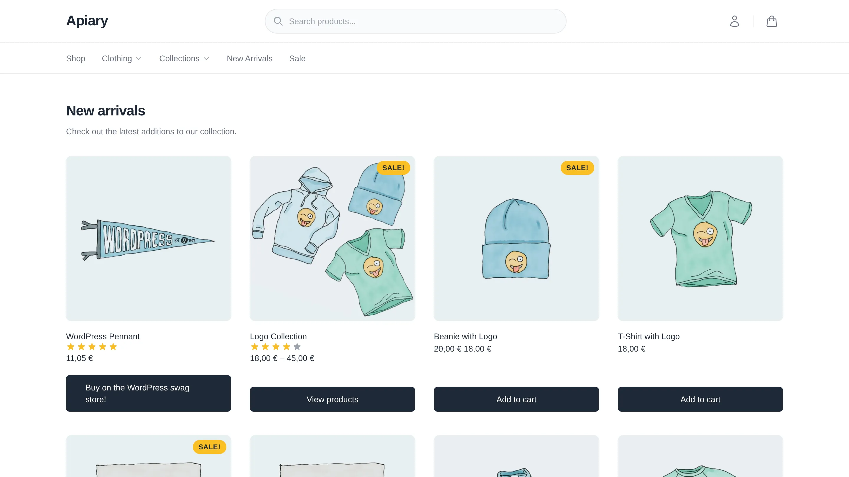 The Apiary theme's home page: product search, a category menu and a grid of products with sale badges