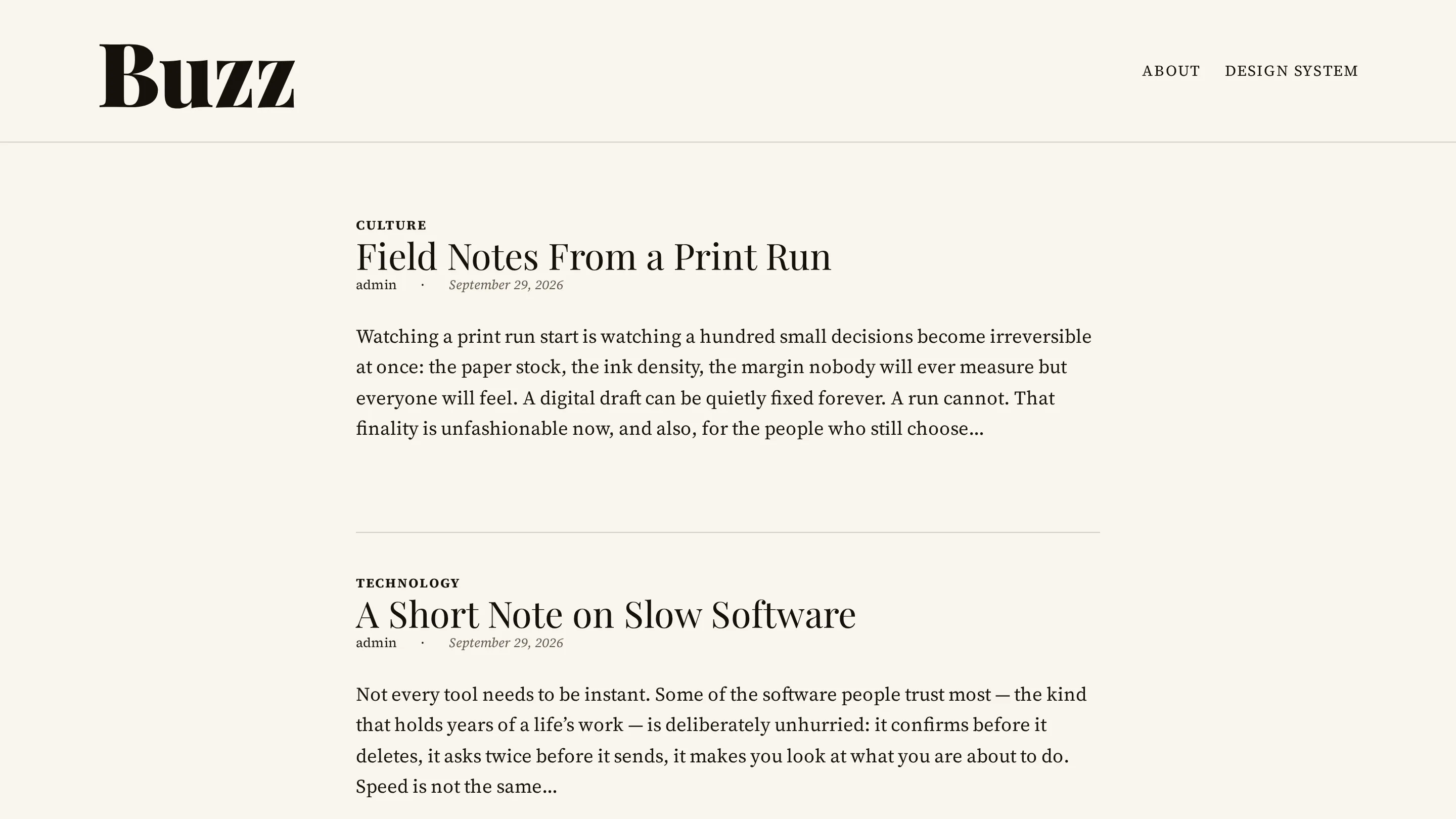 The Buzz theme's home page: a large serif nameplate and a journal index of articles set in Playfair Display