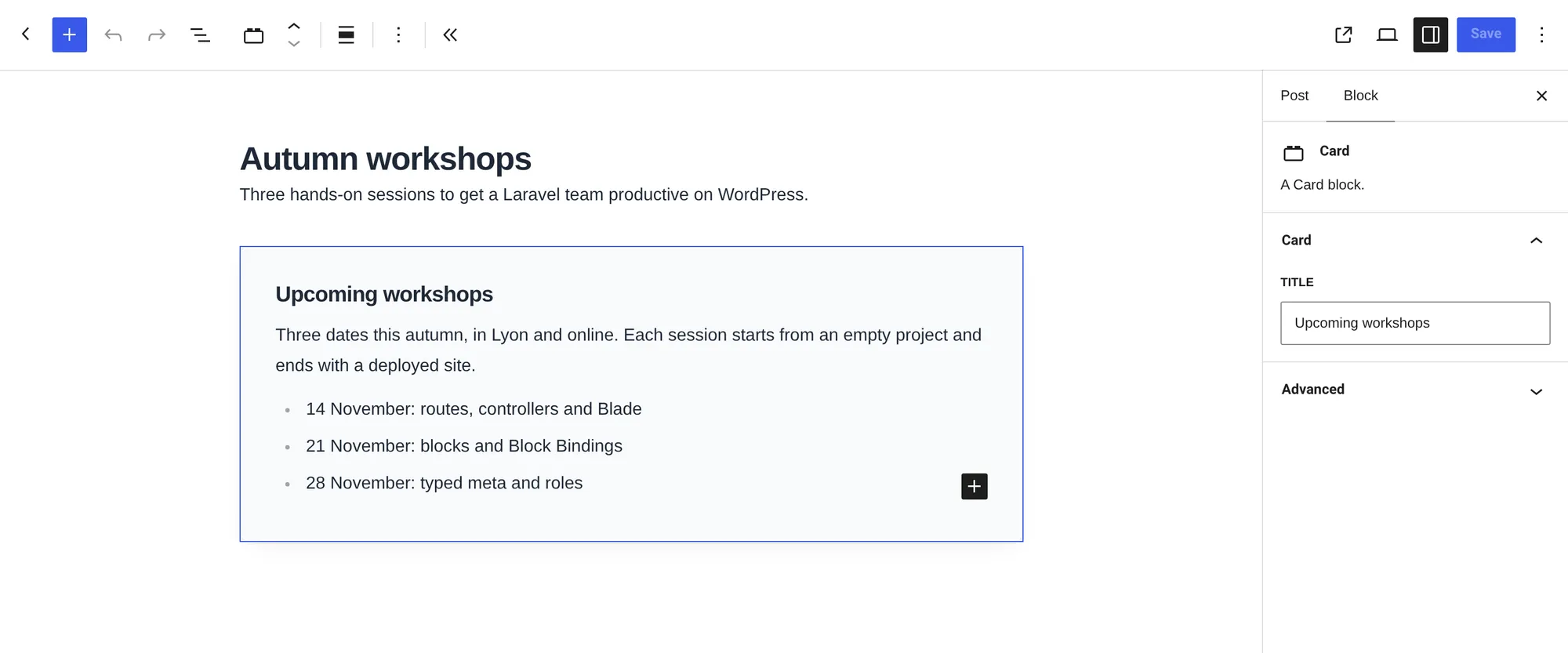 The Card block selected in the block editor: the Blade template is rendered in place, the paragraph and the list inside it are editable, and the Title field sits in the block sidebar