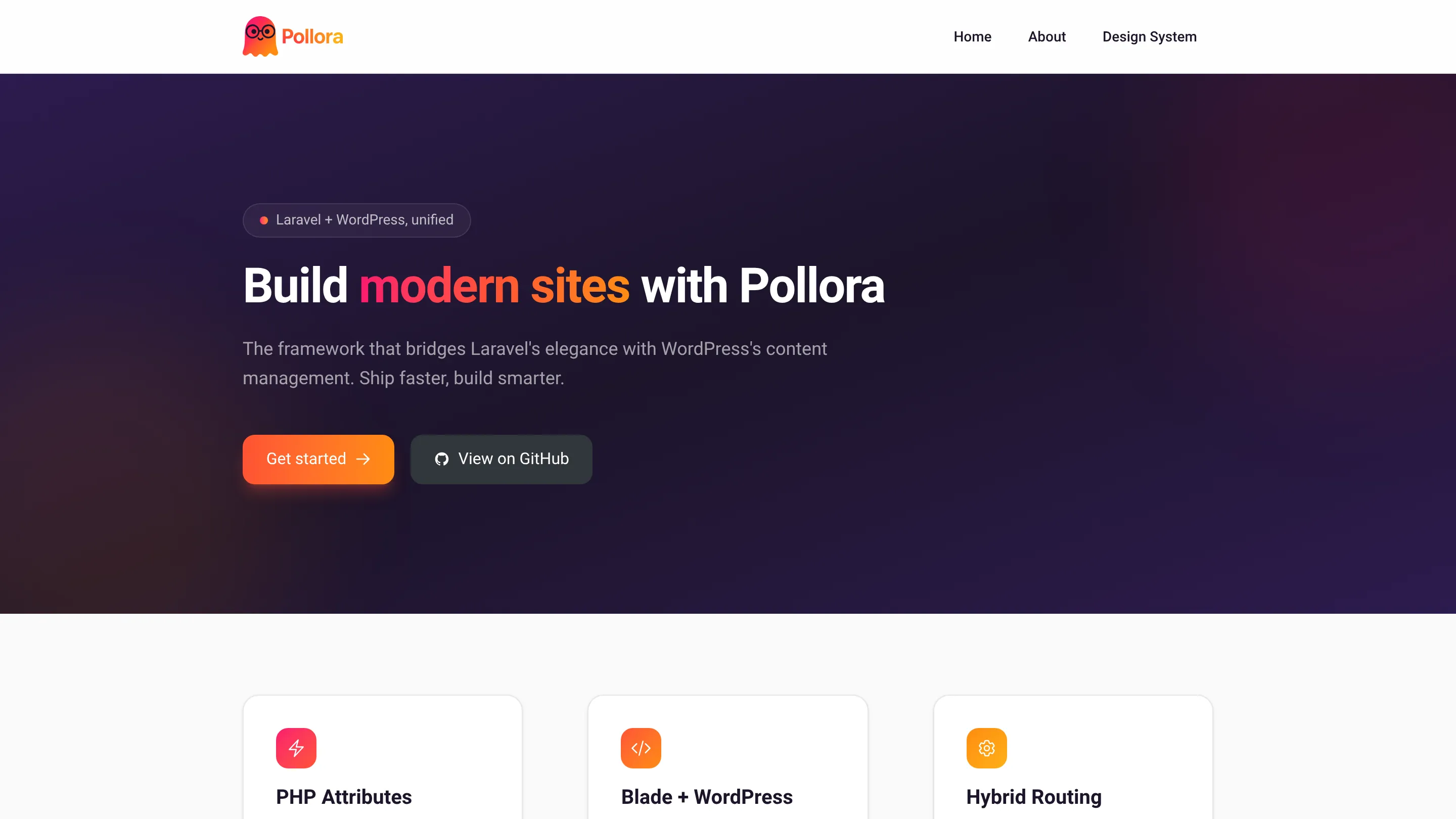The default theme's home page: a dark hero, a gradient headline and feature cards