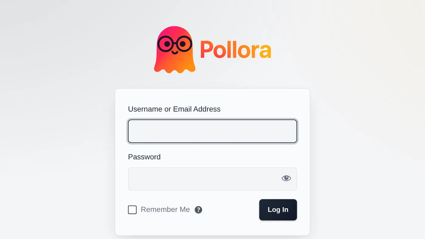 The login screen of a Pollora theme: the theme's logo above a white card holding the username and password fields, with the theme's dark Log In button, on a soft gradient background